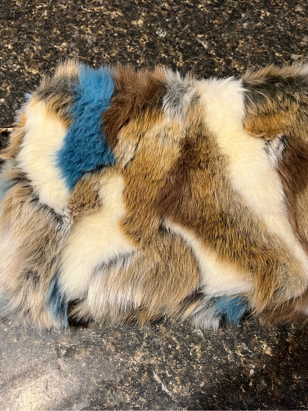 Plush Multicolor Faux Fur Wristlet Bag Cover - Blue, Brown & Cream